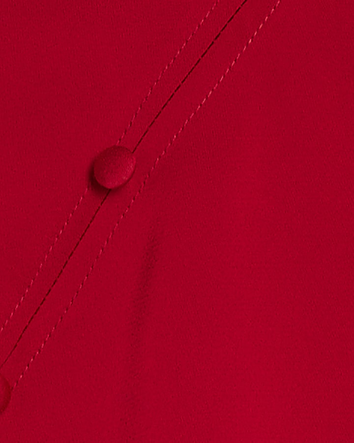 Red Satin Stand Up Collar Button Top