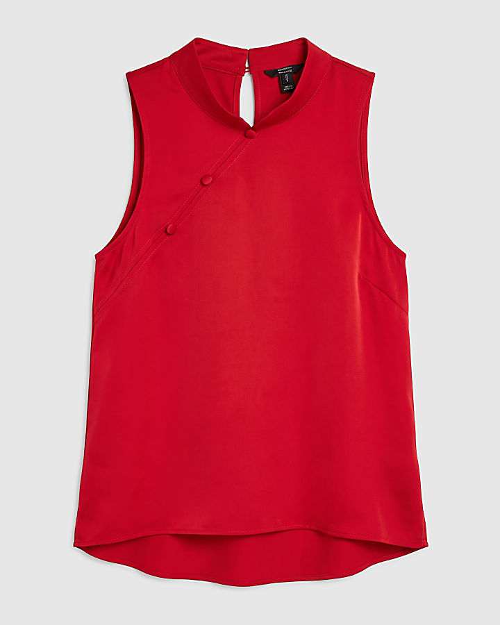 Red Satin Stand Up Collar Button Top
