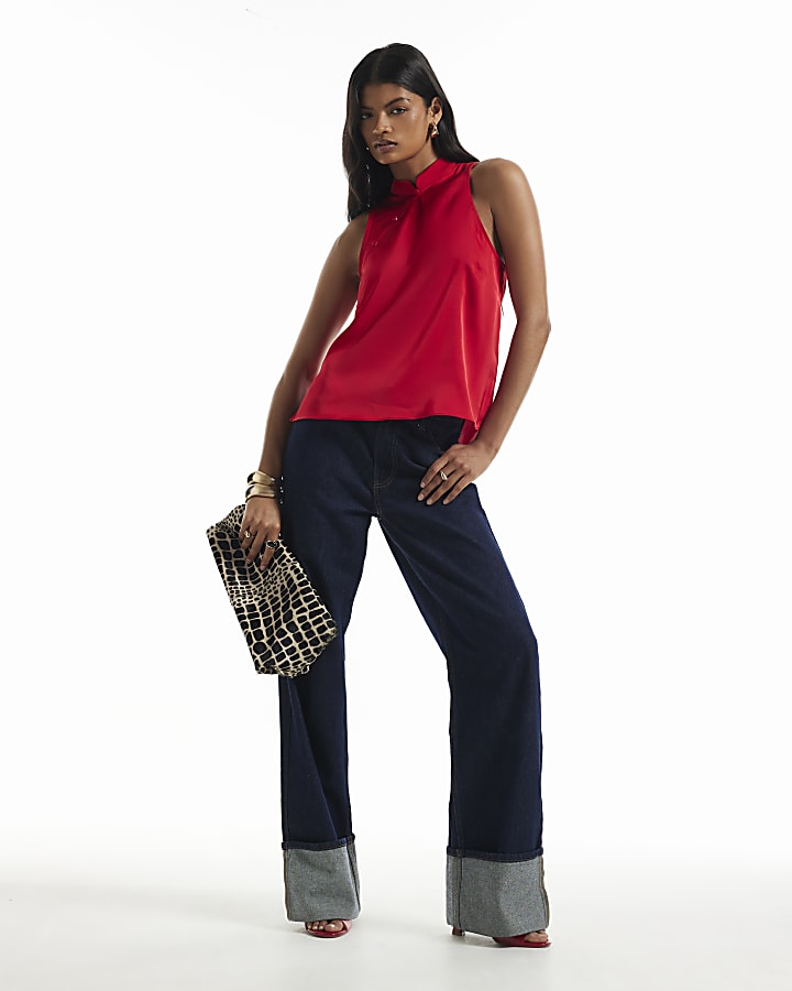 Red Satin Stand Up Collar Button Top
