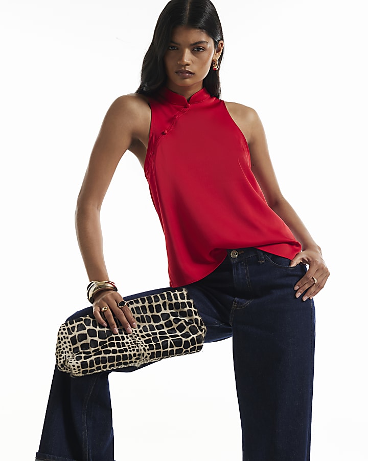 Red Satin Stand Up Collar Button Top