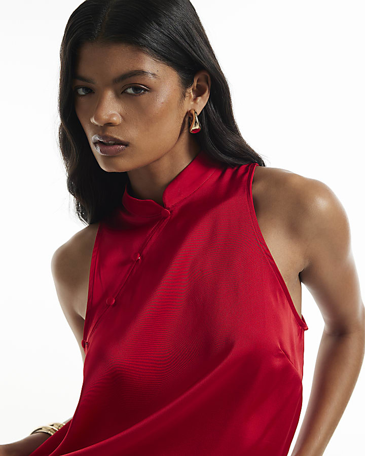 Red Satin Stand Up Collar Button Top