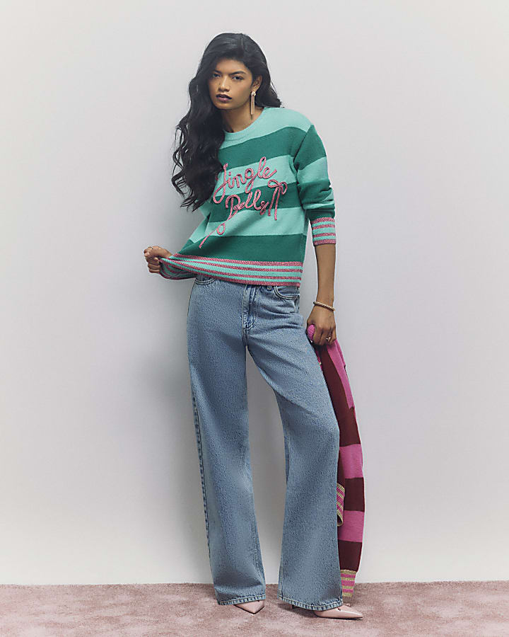 Green Stripe Glitter Jingle Bells Jumper