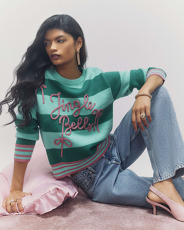 Green Stripe Glitter Jingle Bells Jumper