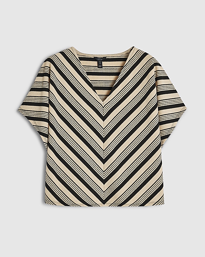 Beige Stripe V Neck Batwing Top
