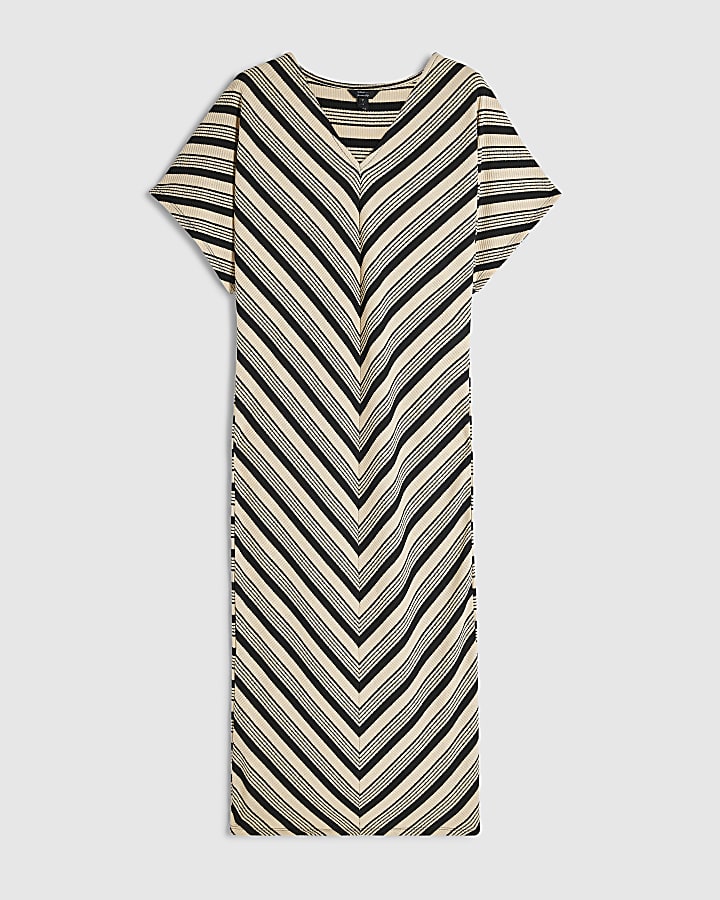 Beige Stripe V Neck Batwing Maxi Dress