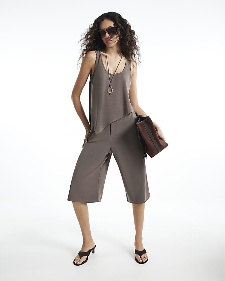 Brown Soft Touch Asymmetric Hem Tank Top