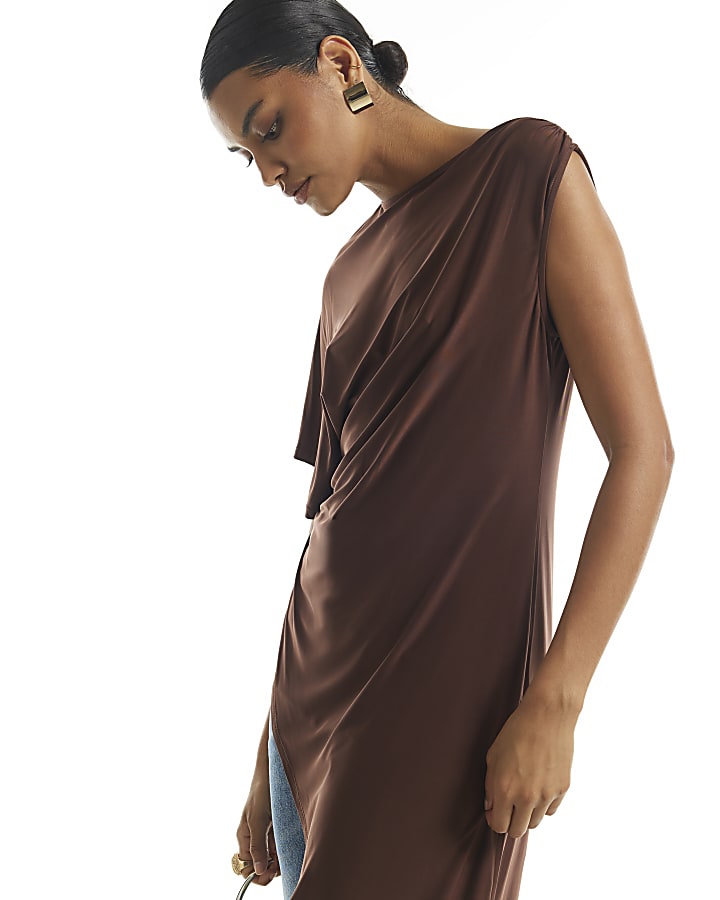 Brown Asymmetric Hem Flowing Top