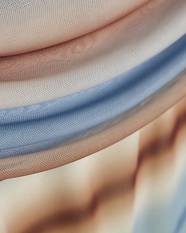 Blue Long Sleeve Mesh Stripe Bandeau Top
