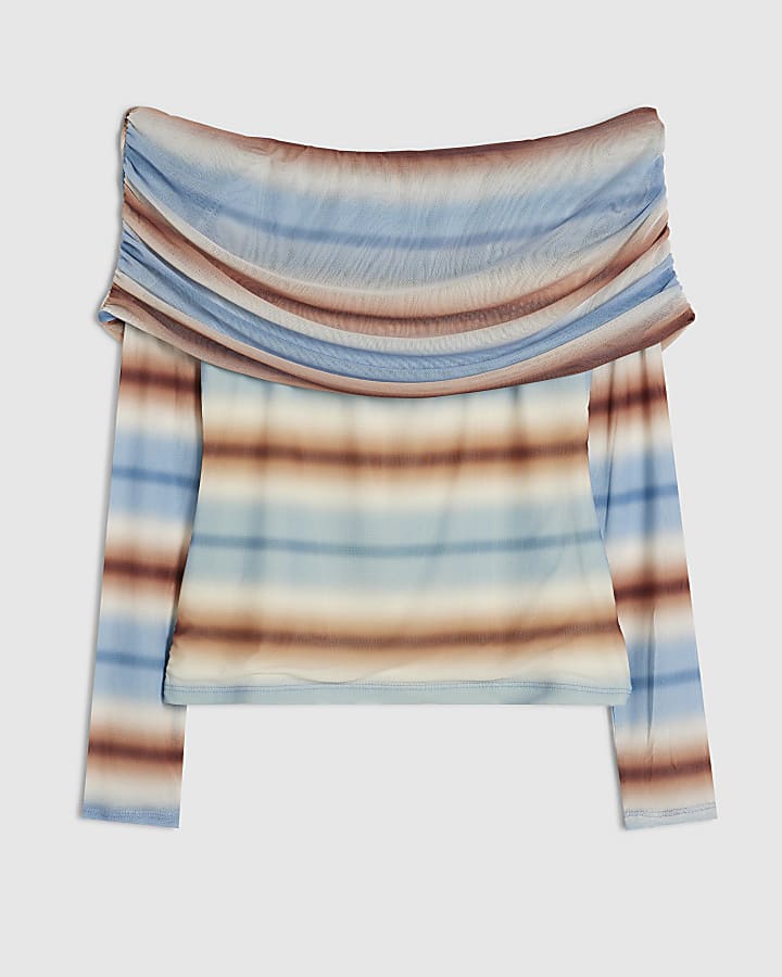Blue Long Sleeve Mesh Stripe Bandeau Top