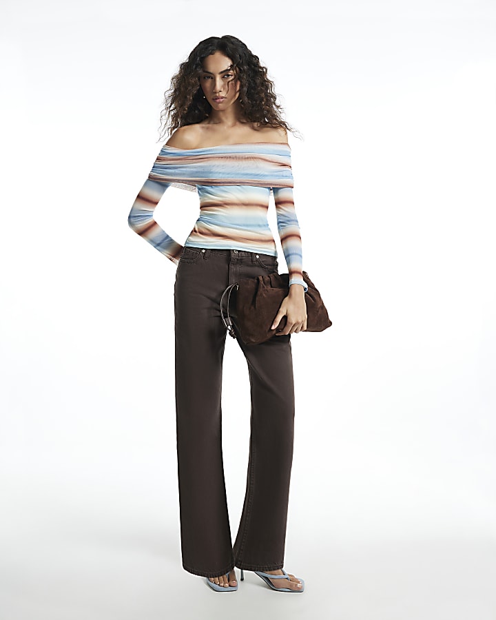 Blue Long Sleeve Mesh Stripe Bandeau Top
