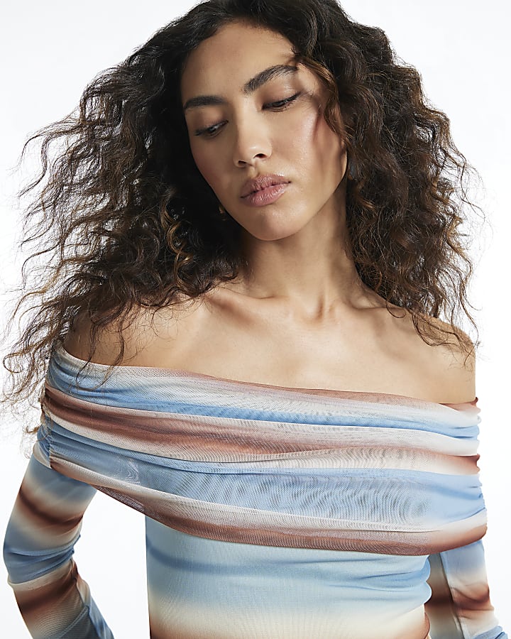 Blue Long Sleeve Mesh Stripe Bandeau Top