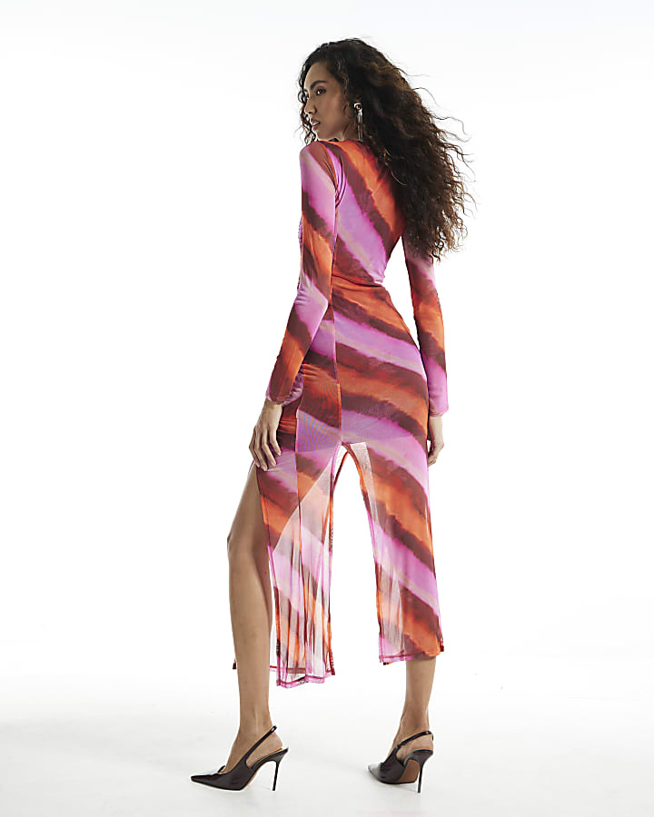 Pink Mesh Stripe Ruched Maxi Dress