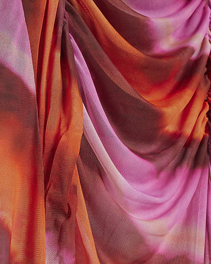 Pink Mesh Stripe Ruched Maxi Dress