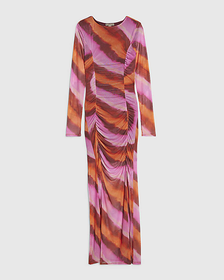 Pink Mesh Stripe Ruched Maxi Dress