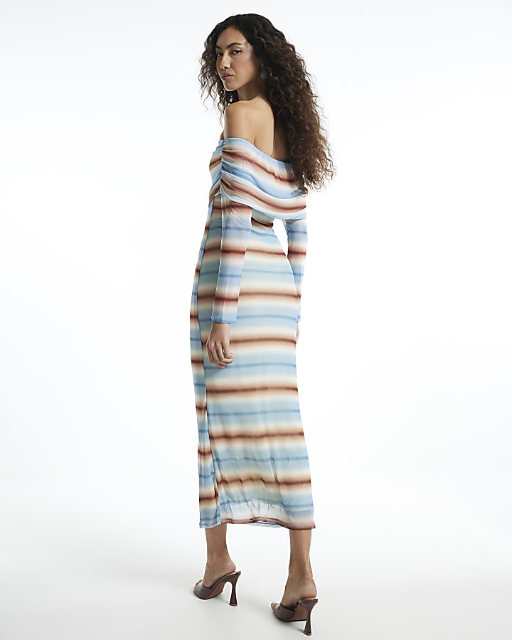 Blue Bandeau Stripe Mesh Maxi Dress