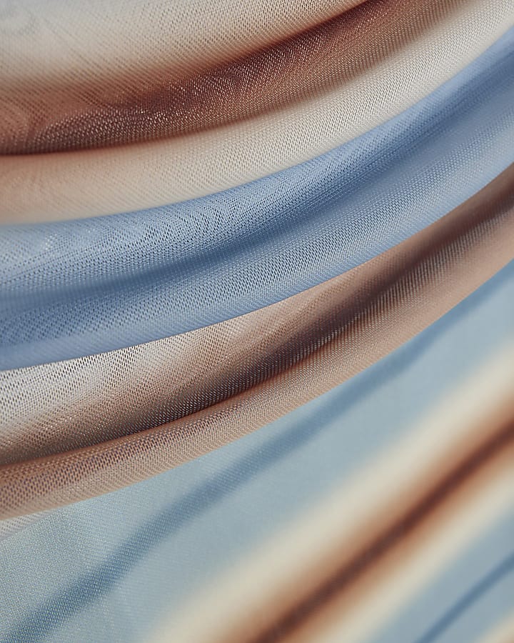 Blue Bandeau Stripe Mesh Maxi Dress