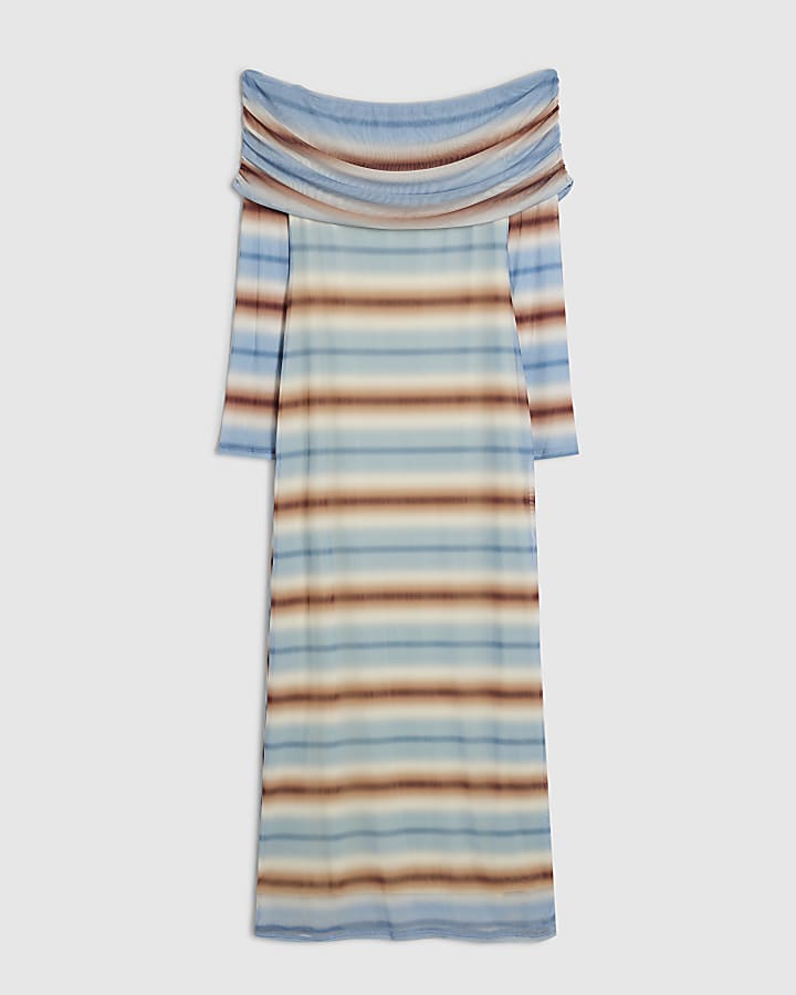 Blue Bandeau Stripe Mesh Maxi Dress