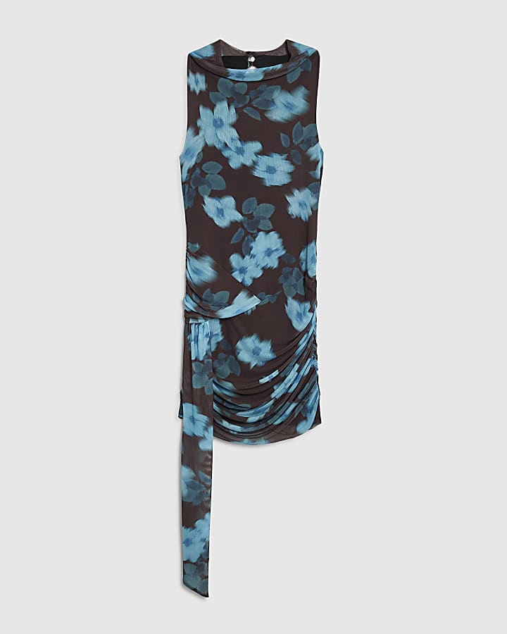 Brown Floral Print Drape Mini Dress
