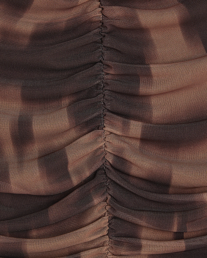 Brown Blur Print Ruched Top