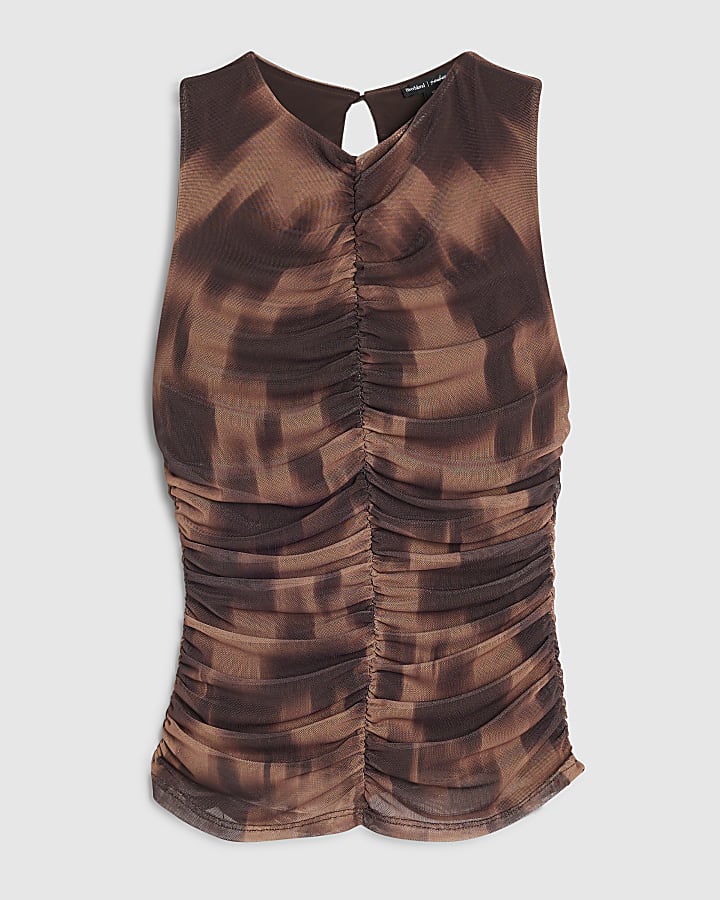 Brown Blur Print Ruched Top