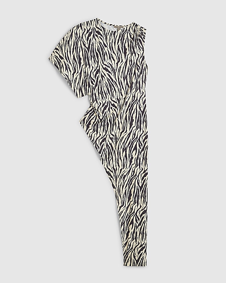 Cream Zebra Print Asymmetric Hem Flowing Top