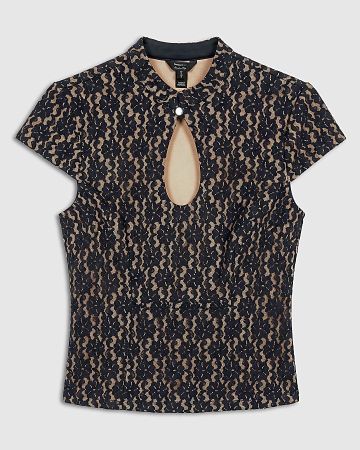 Black Lace Keyhole Cap Short Sleeve Top
