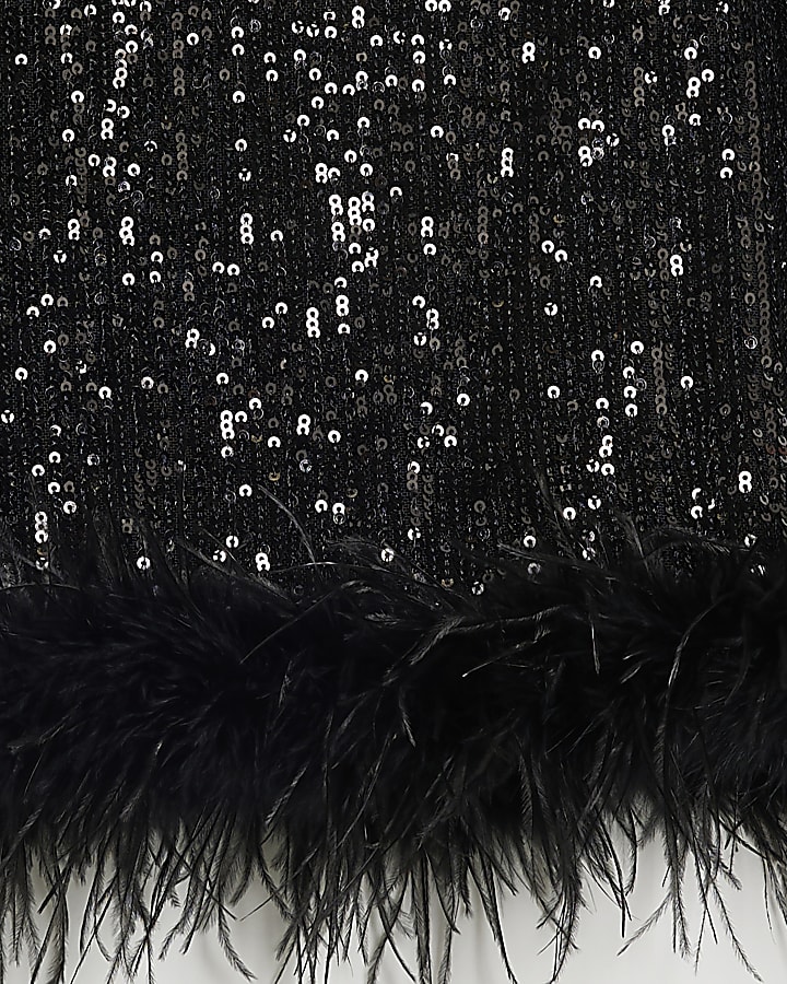 Black Sequin Feather Trim Mini Skirt