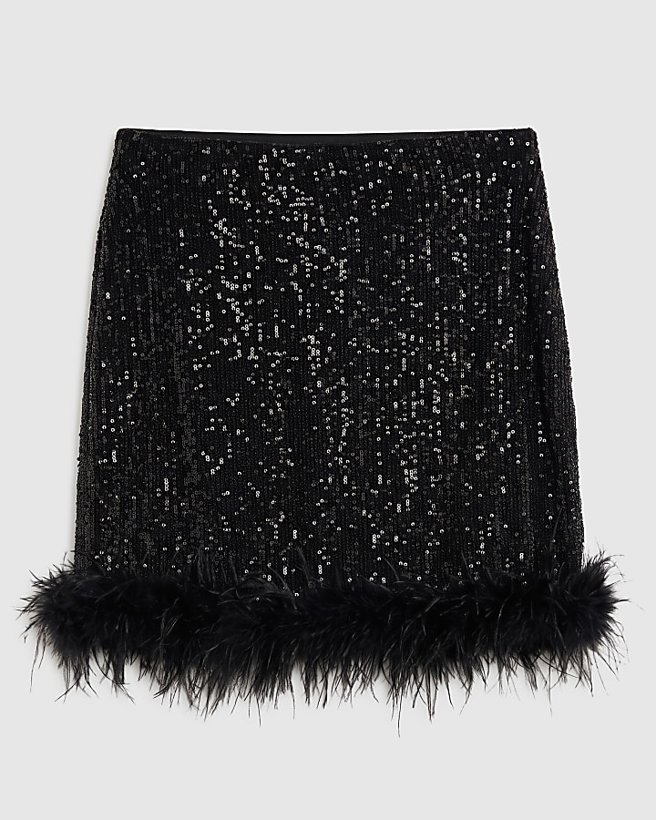 Black Sequin Feather Trim Mini Skirt