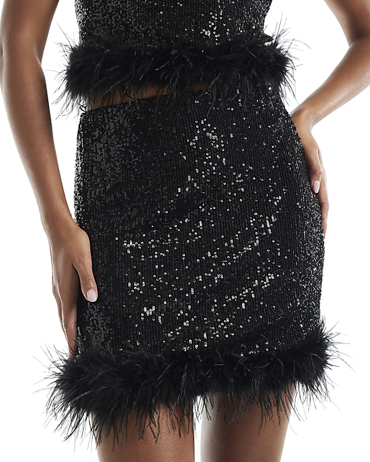 Black Sequin Feather Trim Mini Skirt