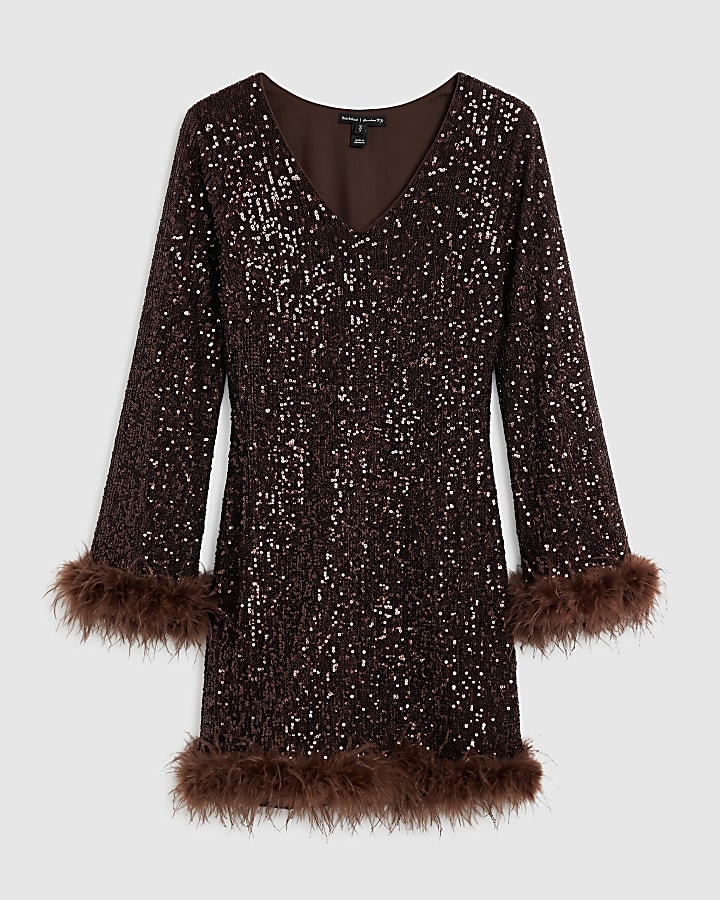 Brown Sequin Feather Trim Mini Dress