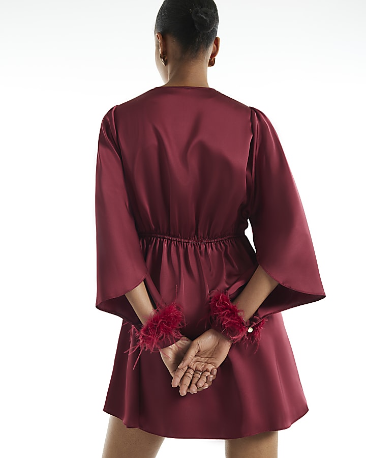 Burgundy Knot Front Mini Feather Dress