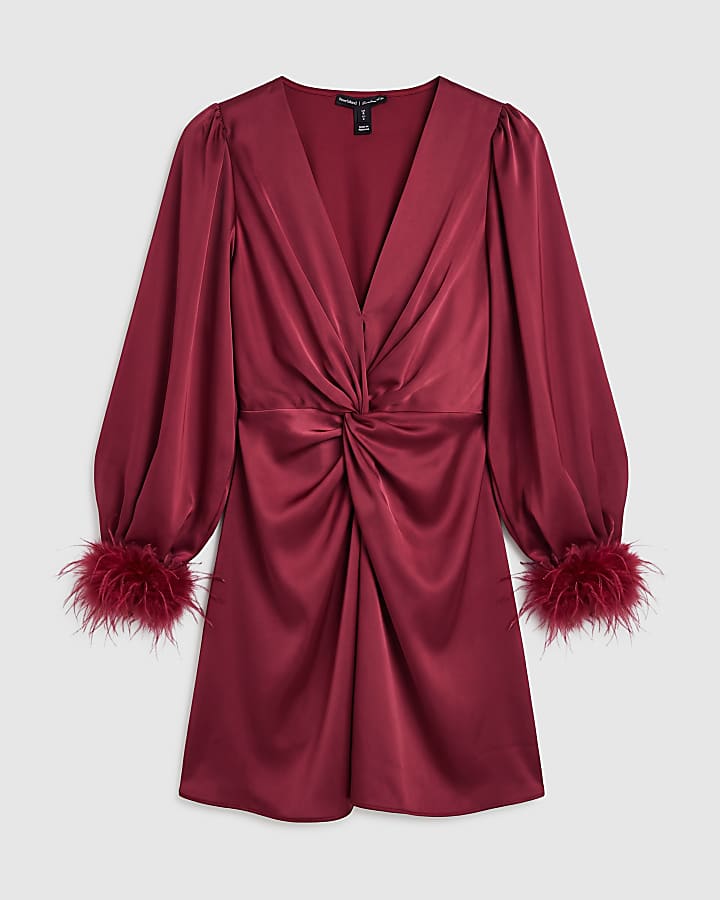 Burgundy Knot Front Mini Feather Dress