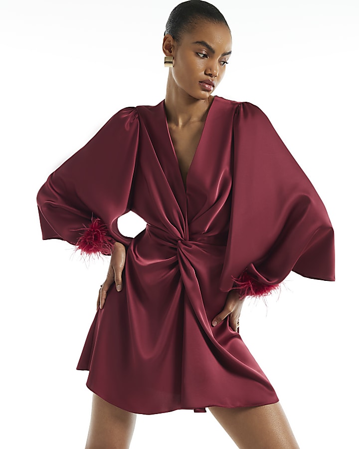 Burgundy Knot Front Mini Feather Dress