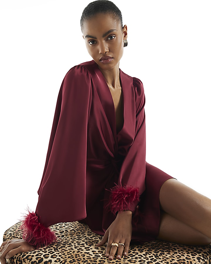 Burgundy Knot Front Mini Feather Dress