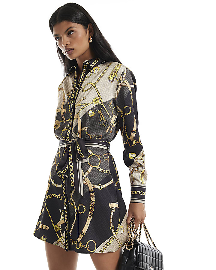 Black Satin Long Sleeve Shirt Dress