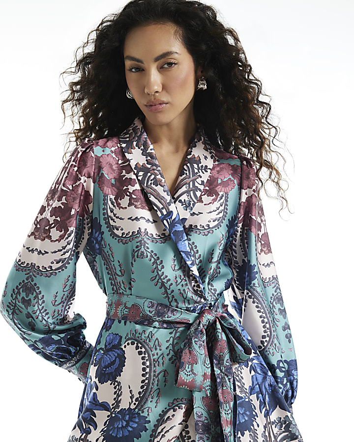 Blue Satin Paisley Long Sleeve Wrap Dress