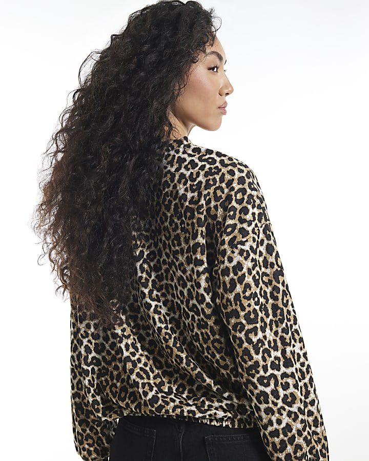 Brown Leopard Print Sequin Bow Sweatshirt