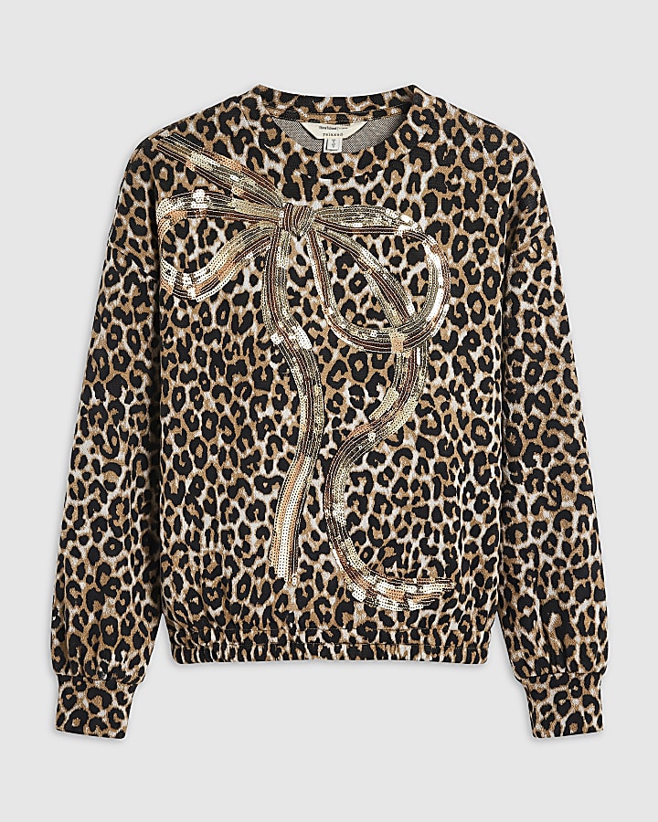 Brown Leopard Print Sequin Bow Sweatshirt