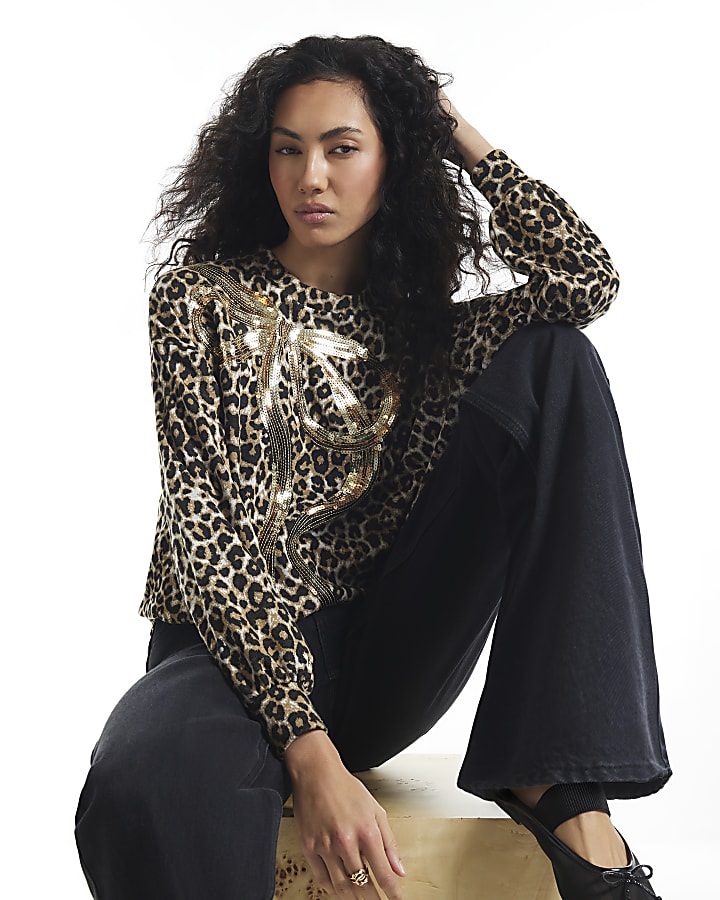 Brown Leopard Print Sequin Bow Sweatshirt