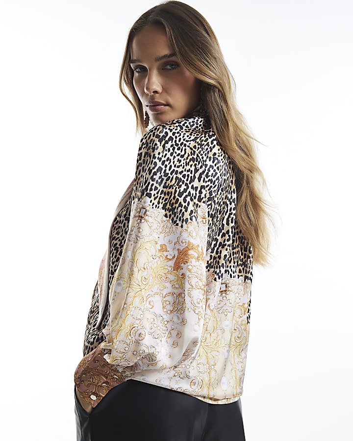 Brown Satin Animal Print Pussybow Blouse