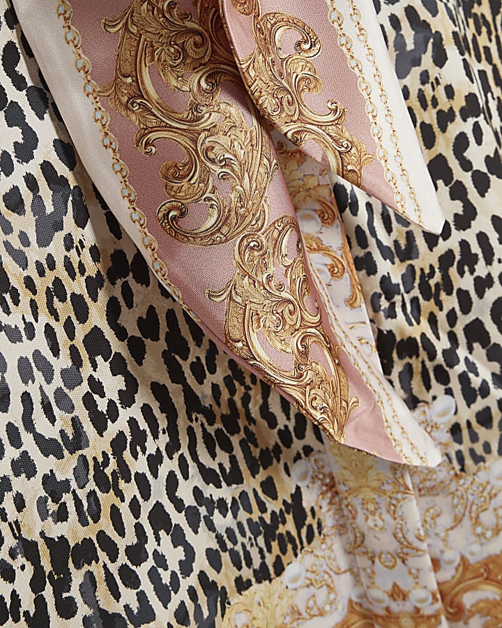Brown Satin Animal Print Pussybow Blouse
