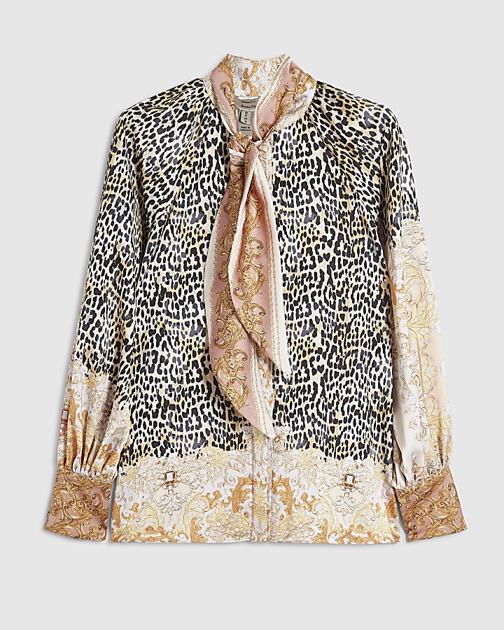 Brown Satin Animal Print Pussybow Blouse