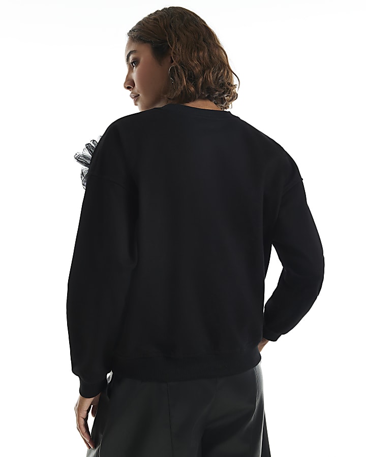 Black Contrast 3D Flower Sweatshirt