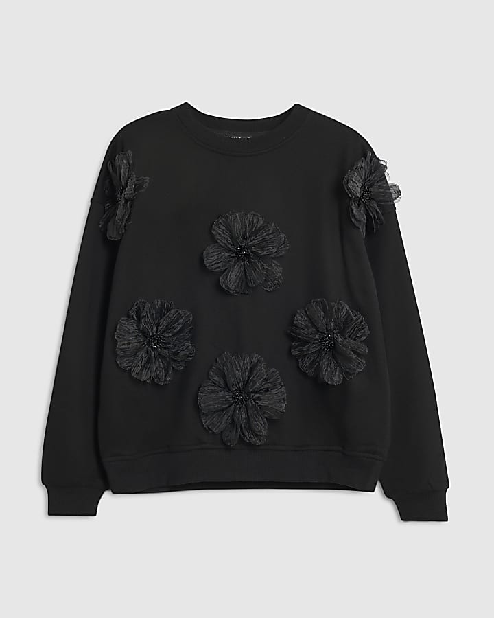 Black Contrast 3D Flower Sweatshirt