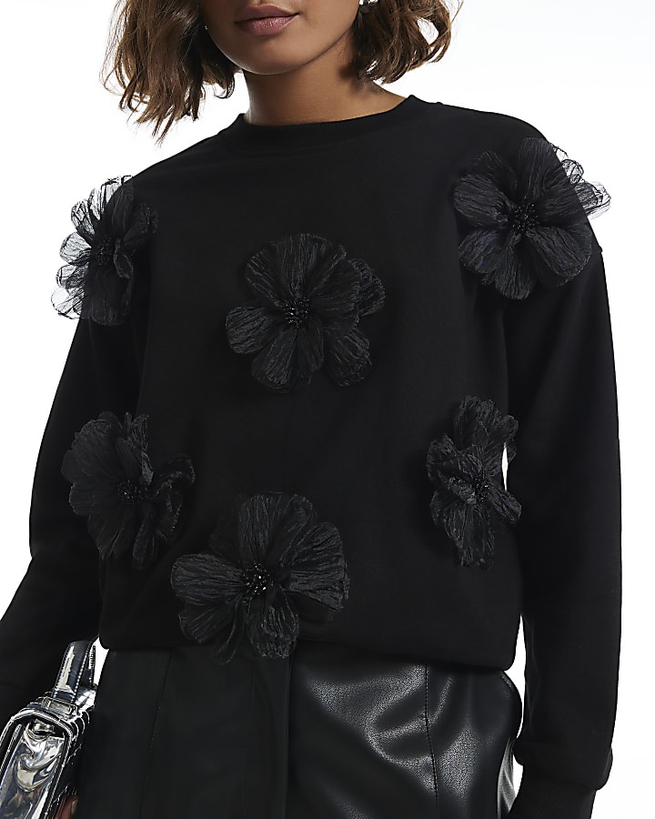 Black Contrast 3D Flower Sweatshirt