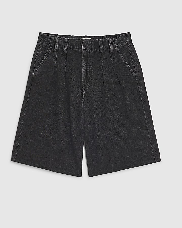 Black Mid Rise Pleat Front Denim Jorts