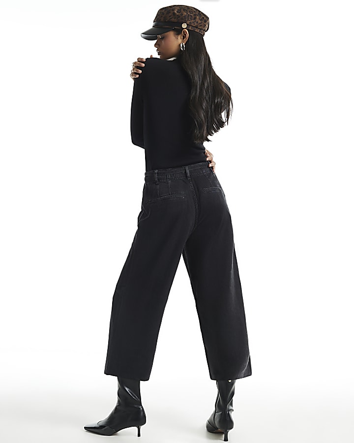 Black Mid Rise Wide Leg Belted Crop Jeans