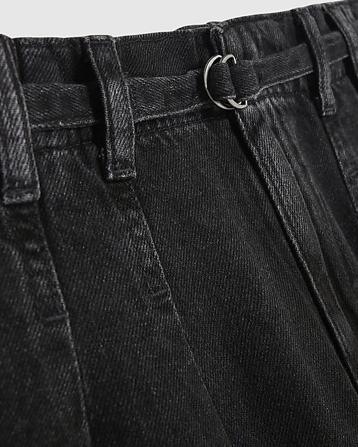 Black Mid Rise Wide Leg Belted Crop Jeans