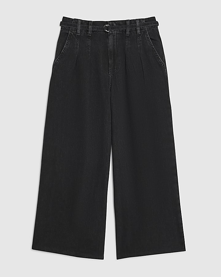 Black Mid Rise Wide Leg Belted Crop Jeans