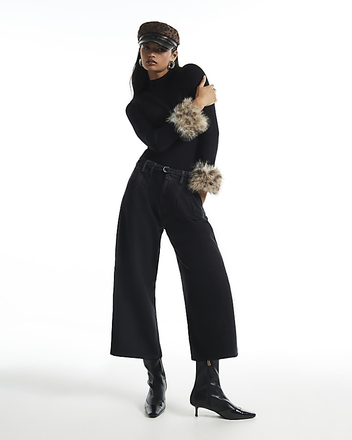 Black Mid Rise Wide Leg Belted Crop Jeans